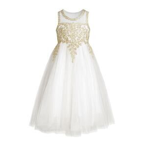 GIRLS FORMAL GOWN WITH HOOP SKIRT WHITE WITH GOLD EMBROIDARY  SIZE 2-3Y